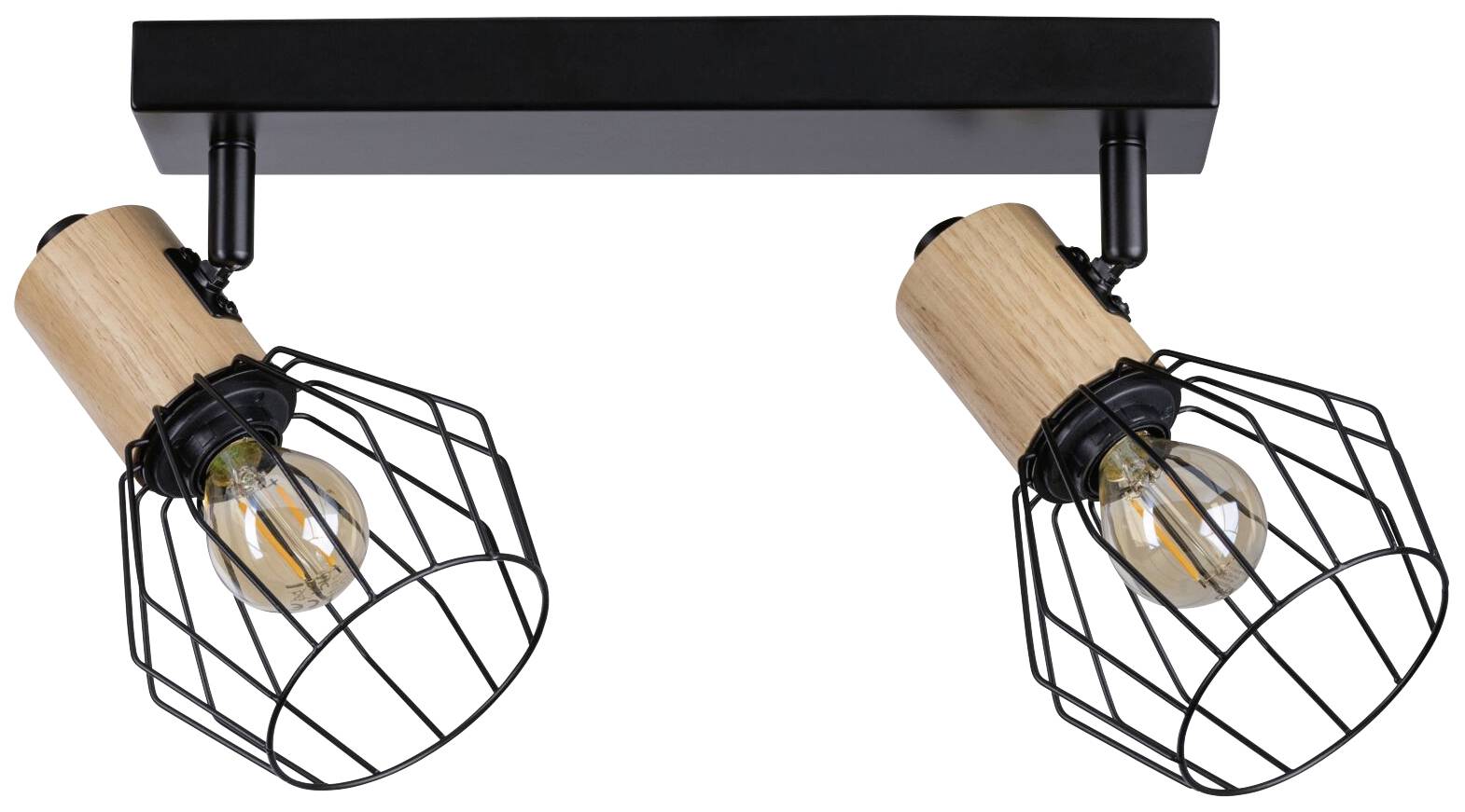 Zweiflammige Deckenleuchte mit schwarzem Gestell und Holzdetails. Zwei verstellbare Drahtgeflechtschirme mit sichtbaren Glühbirnen.