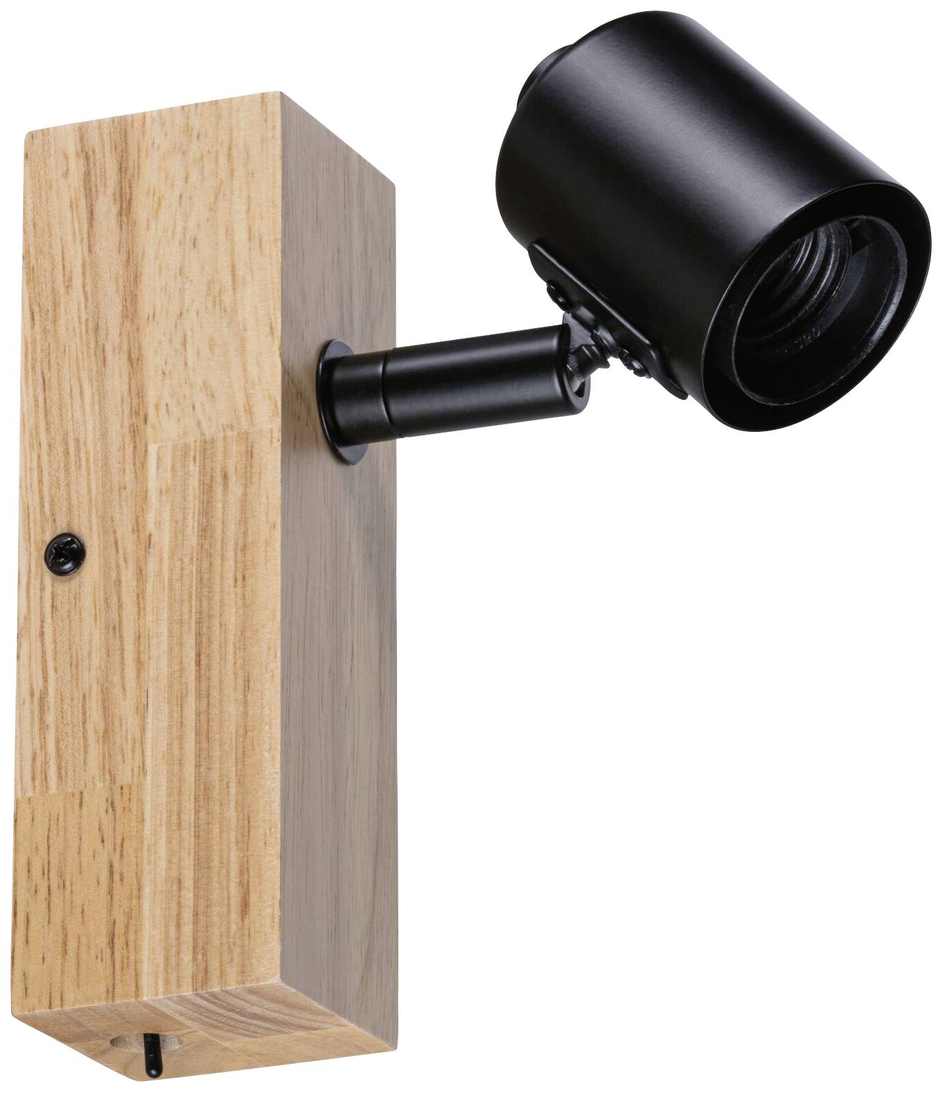 Eine Wandleuchte aus Holz mit einem schwarzen, schwenkbaren Strahler. Minimalistisches Design für moderne Innenräume.