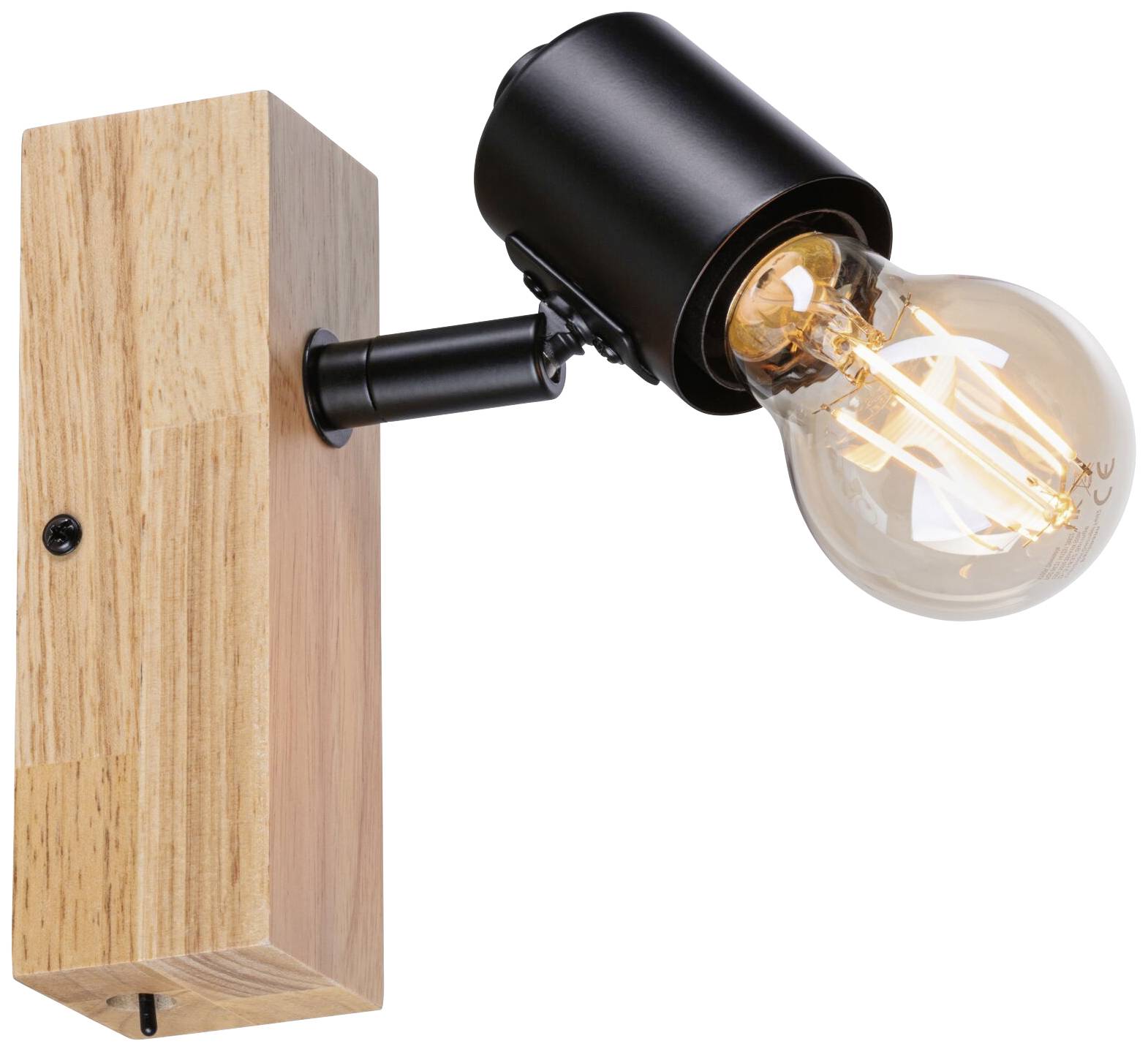 Holzwandleuchte mit schwarzem Metallarm und sichtbarer Glühbirne. Schlichtes, modernes Design.