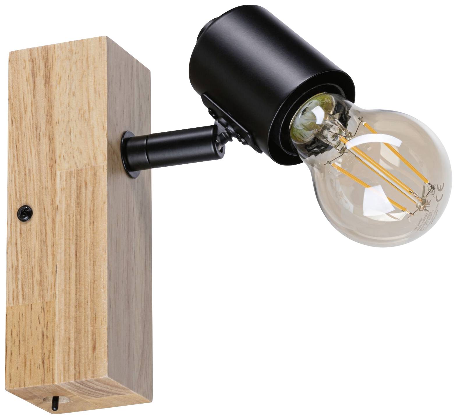 Holzwandleuchte mit schwarzem, verstellbarem Lampensockel und sichtbarer Glühbirne.