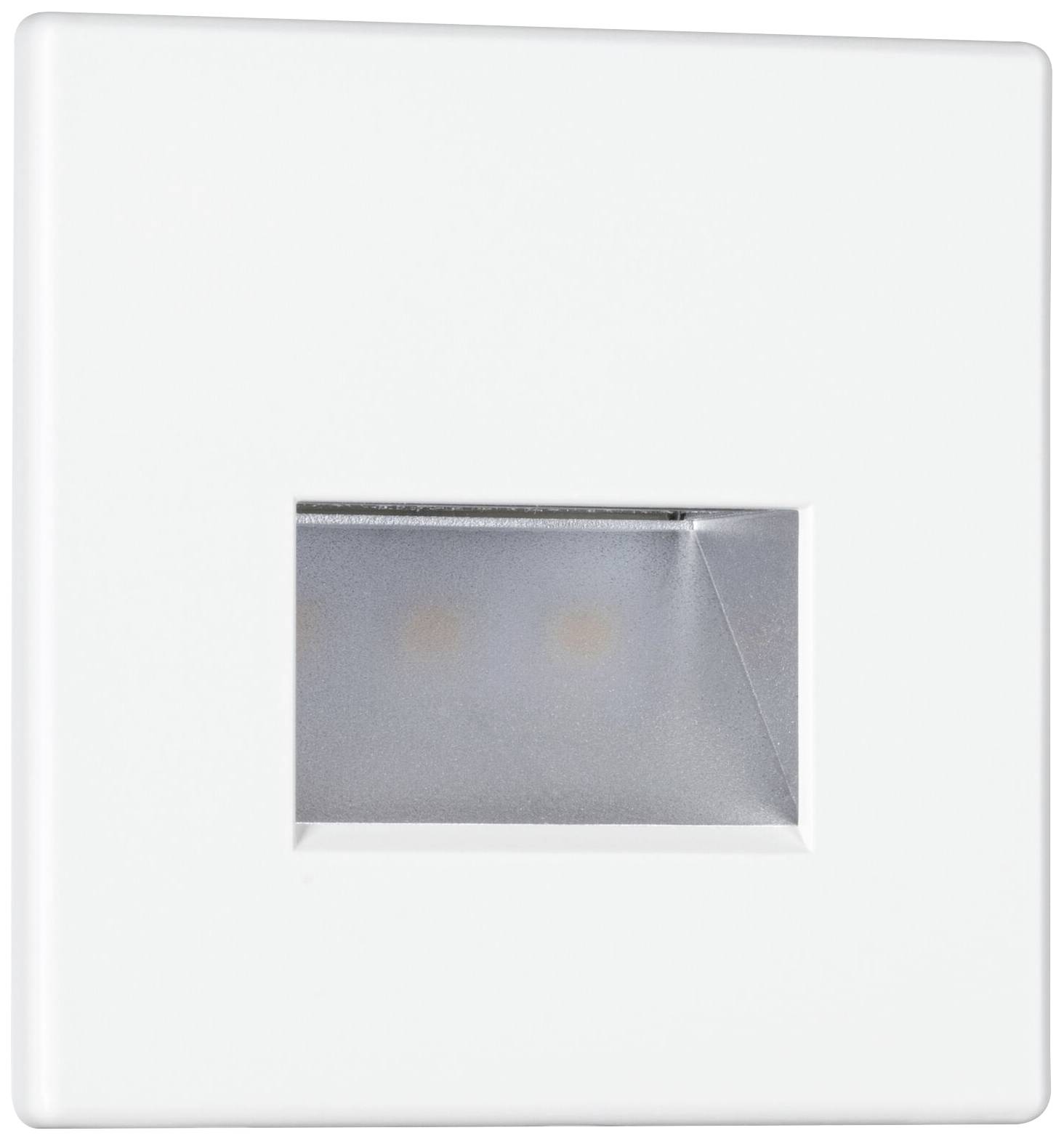 Weiße LED-Wandeinbauleuchte mit rechteckigem Metallgehäuse und abgeschrägtem Diffusor.