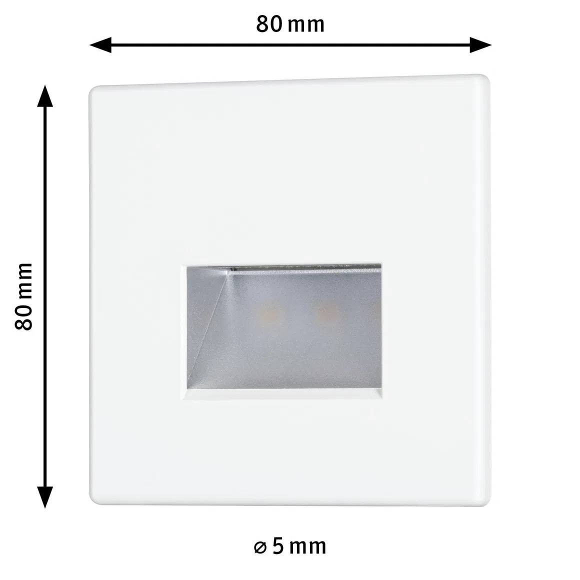 Weiße quadratische LED-Wandeinbauleuchte mit 80 mm Seitenlänge und rundem 5 mm Auslass, ideal für Treppenbeleuchtung.