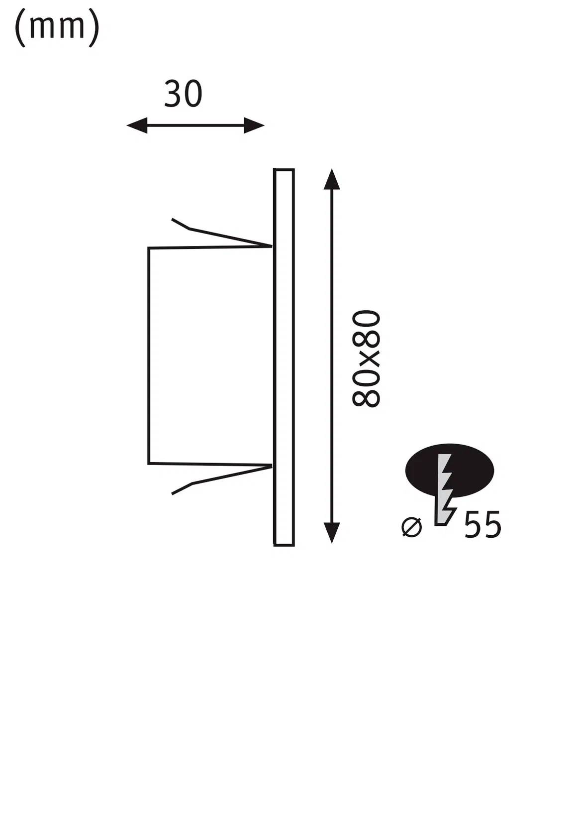 Technische Zeichnung: Querschnittsansicht eines rechteckigen Einbauteils mit Abmessungen 30 mm Tiefe und 80x80 mm Fläche. Symbol für elektrischen Anschluss mit Durchmesser 55 mm.