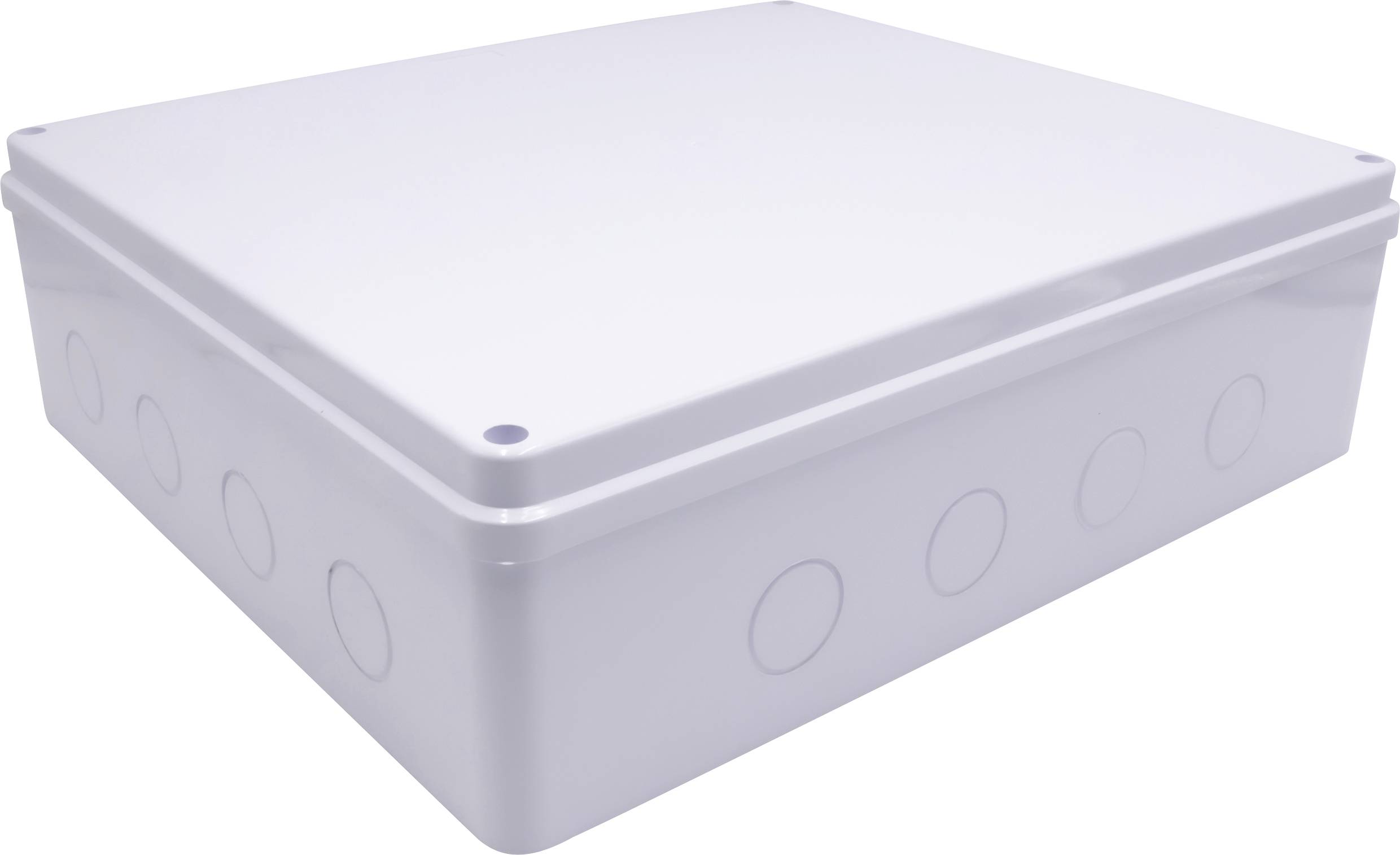 Eine weiße, quadratische Kunststoffdose mit abgerundeten Ecken und seitlichen Öffnungen, geeignet für Elektroinstallationen.