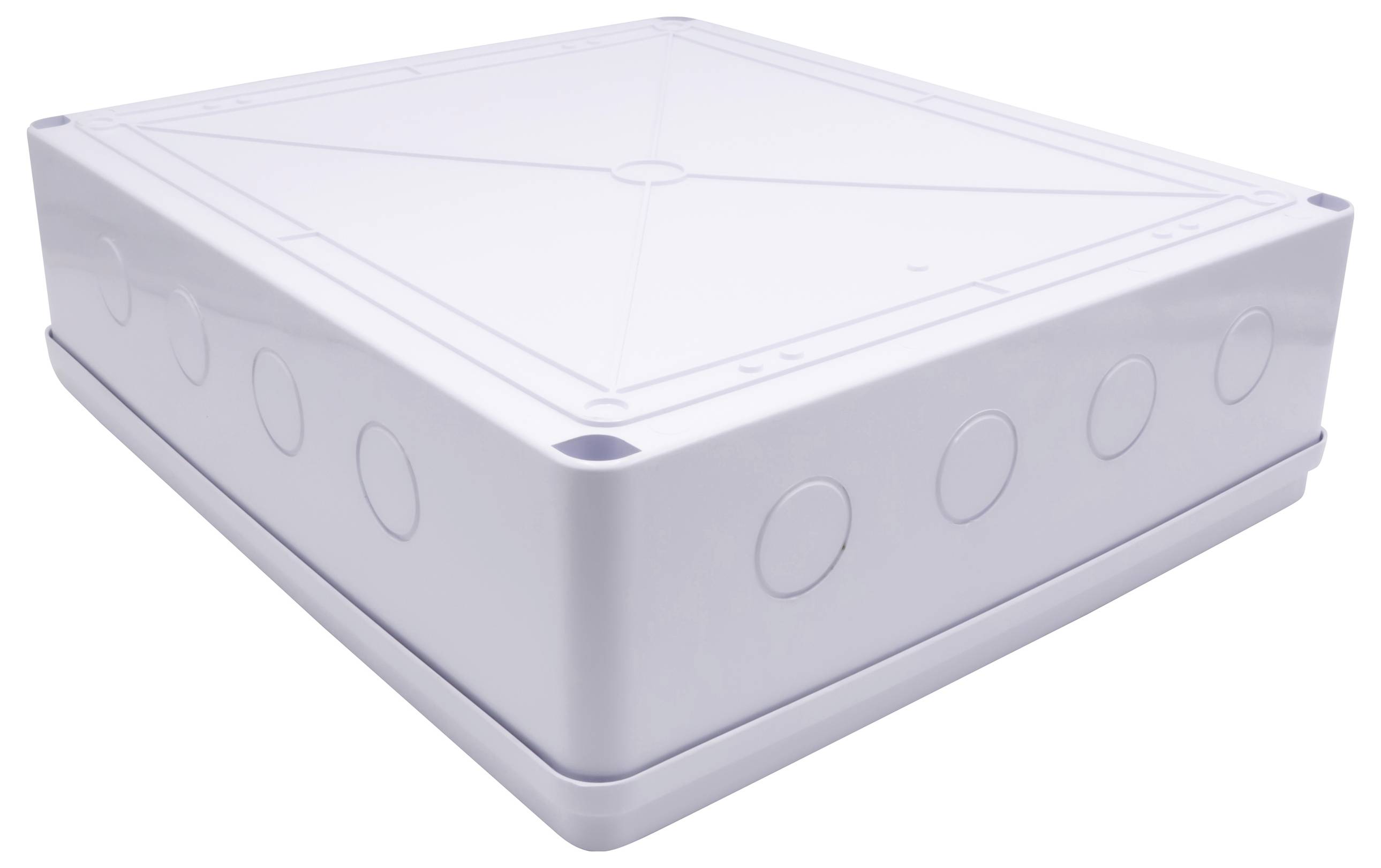 Rechteckiger, weißer Anschlusskasten mit mehreren runden Öffnungen an den Seiten, geeignet für elektrische Installationen.