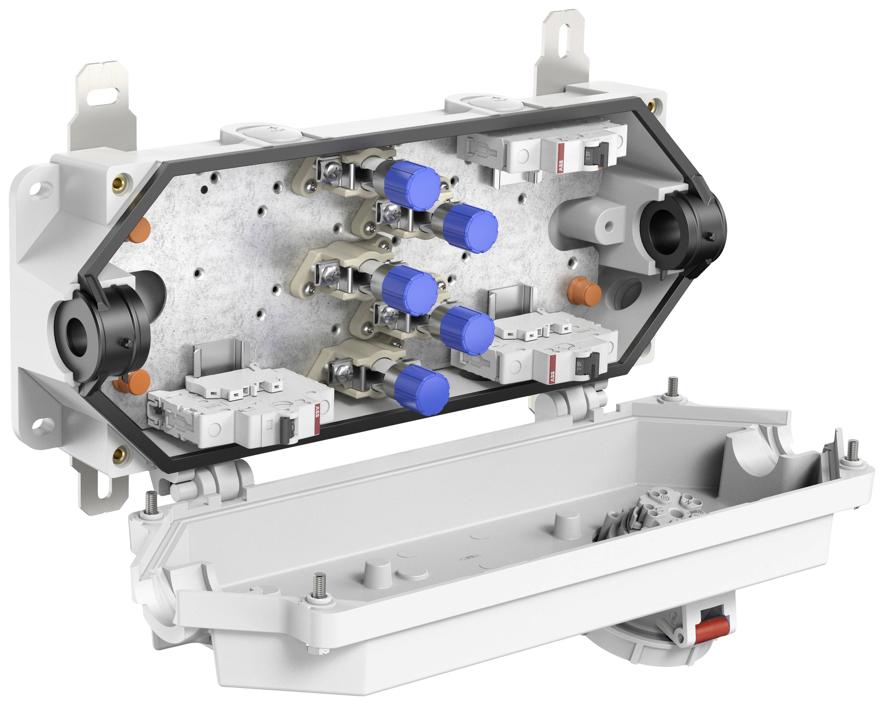 Ein geöffneter Verteilerkasten mit mehreren Steckplätzen und Anschlüssen, darauf montierte Module mit blauen und grauen Komponenten.