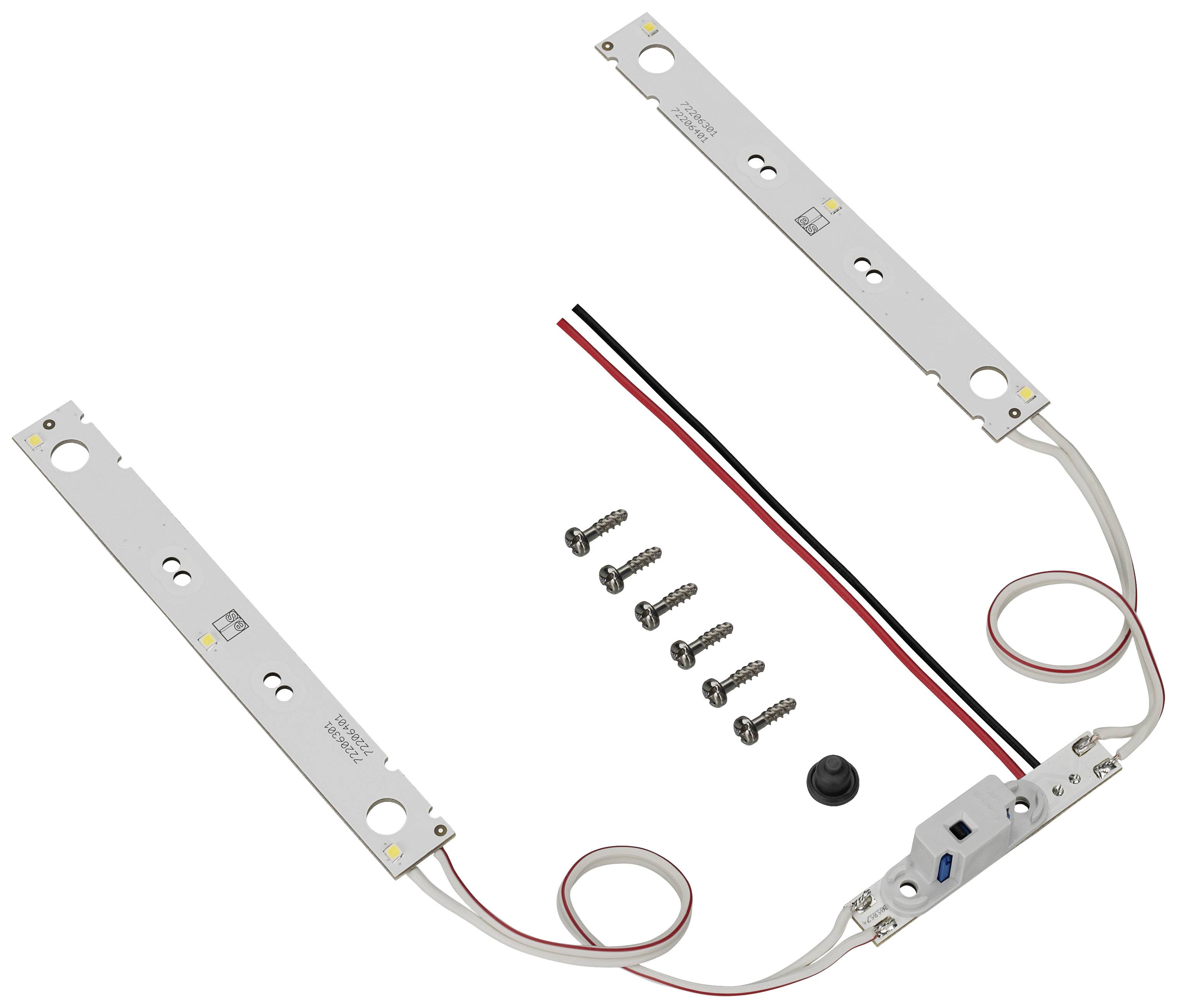 Zwei LED-Streifen mit Kabeln, fünf Schrauben und ein kleiner runder Schalter sind auf einer weißen Oberfläche angeordnet.
