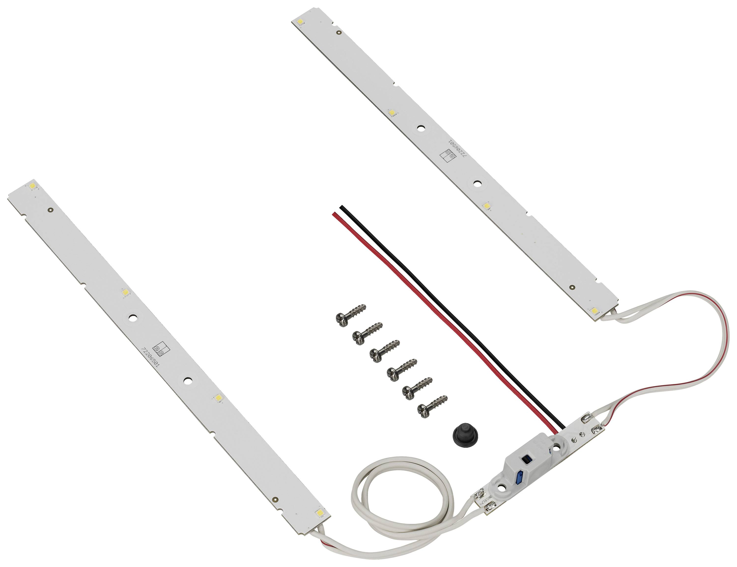 Zwei LED-Leisten, ein elektrisches Kabel mit Schalter und fünf Schrauben zur Installation, alles auf weißem Hintergrund.