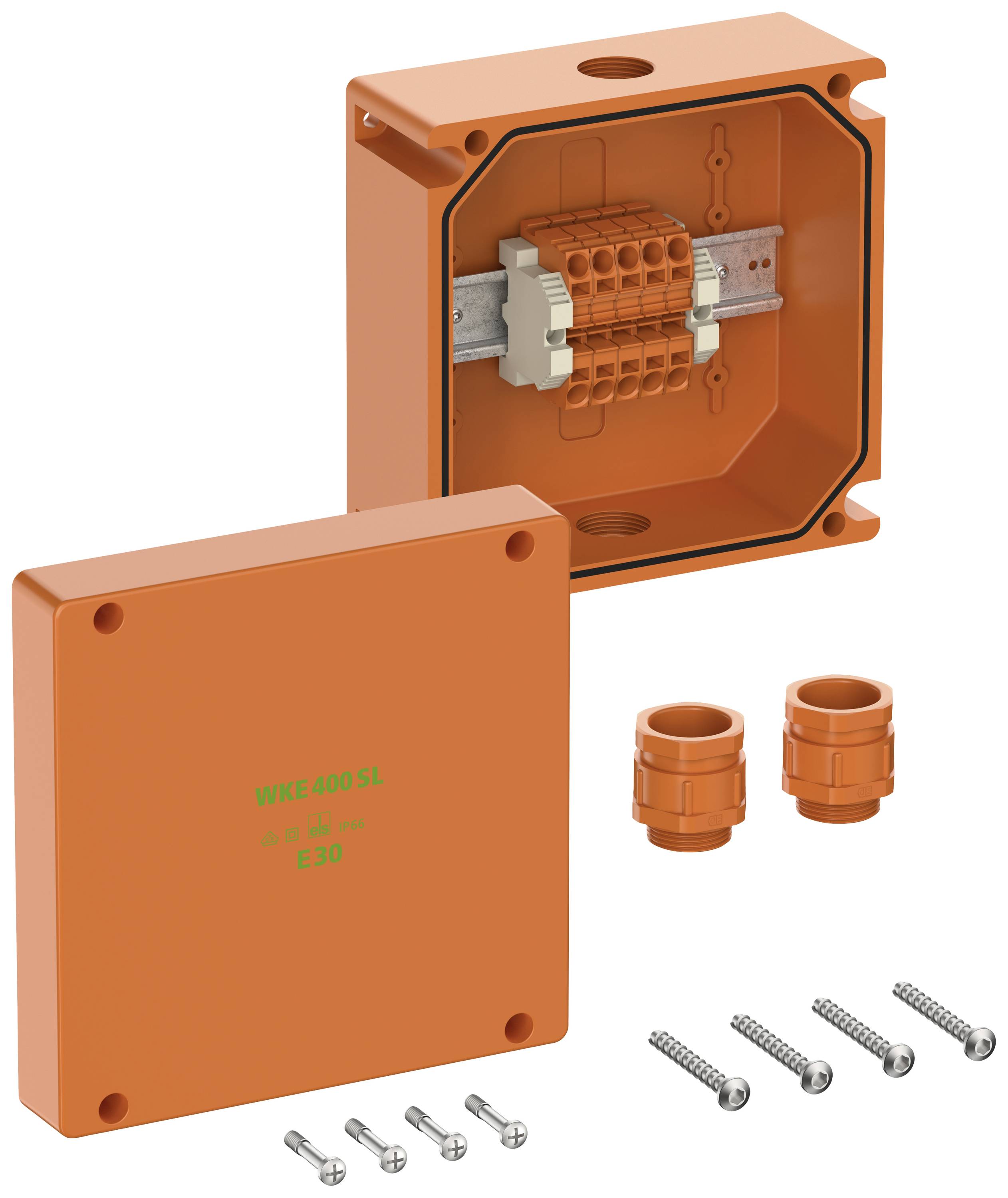 Oranges Elektrokasten-Set mit abnehmbarer Abdeckung. Enthält Klemmenleiste, Kabelverschraubungen und Schrauben für Montage.