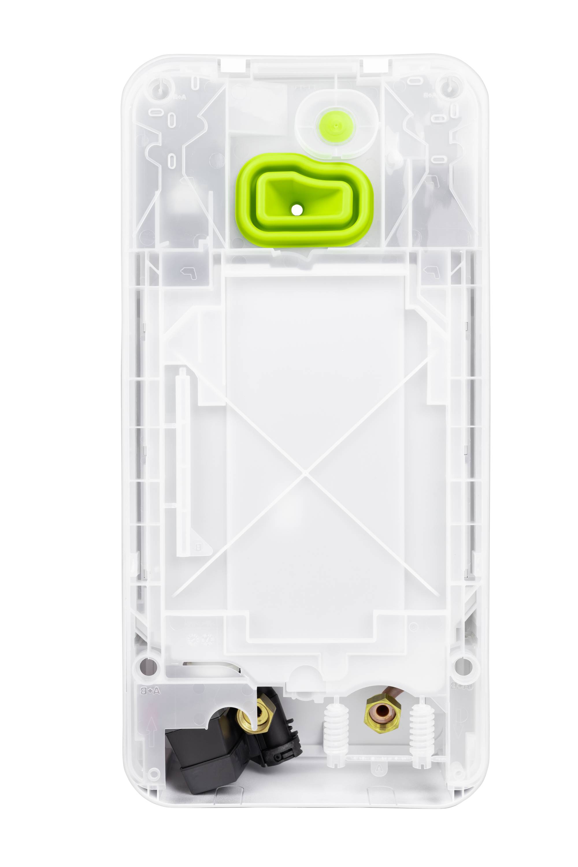 Transparente Kunststoffabdeckung mit grünem Schalter und Kabelanschlüssen, vermutlich Teil eines elektronischen Geräts.