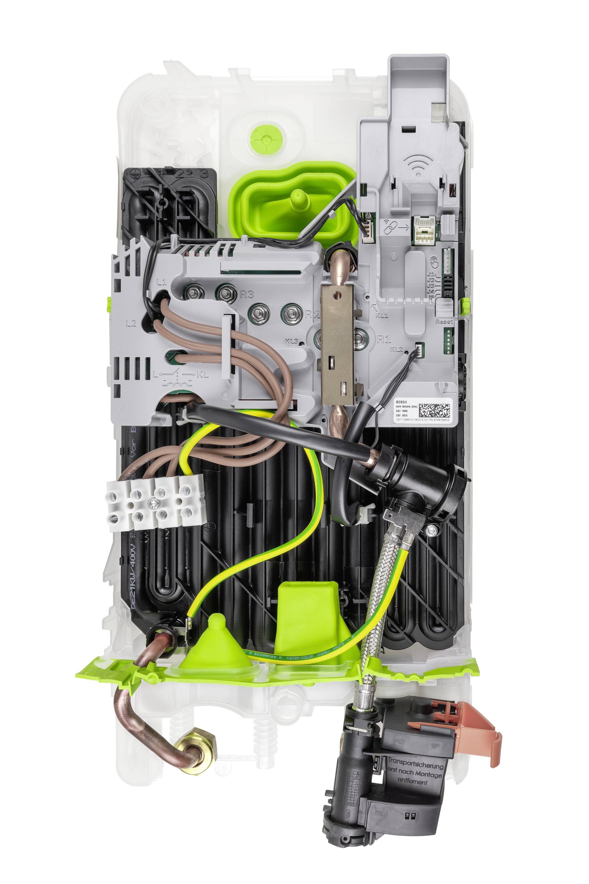 Wand-Durchlauferhitzer mit geöffnetem Gehäuse, das elektrische Bauteile, Rohre und Verkabelungen zeigt.