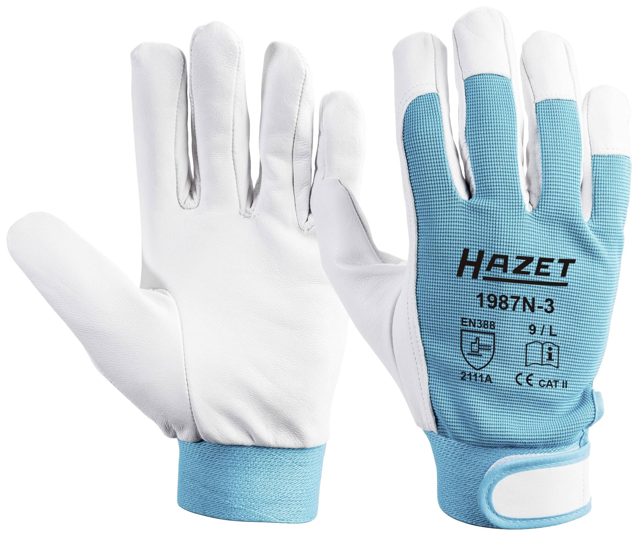 Zwei Handschuhe in Blau und Weiß; einer zeigt die Handfläche, der andere den Handrücken mit dem Text 'Hazet 1987N-3 9-1'.