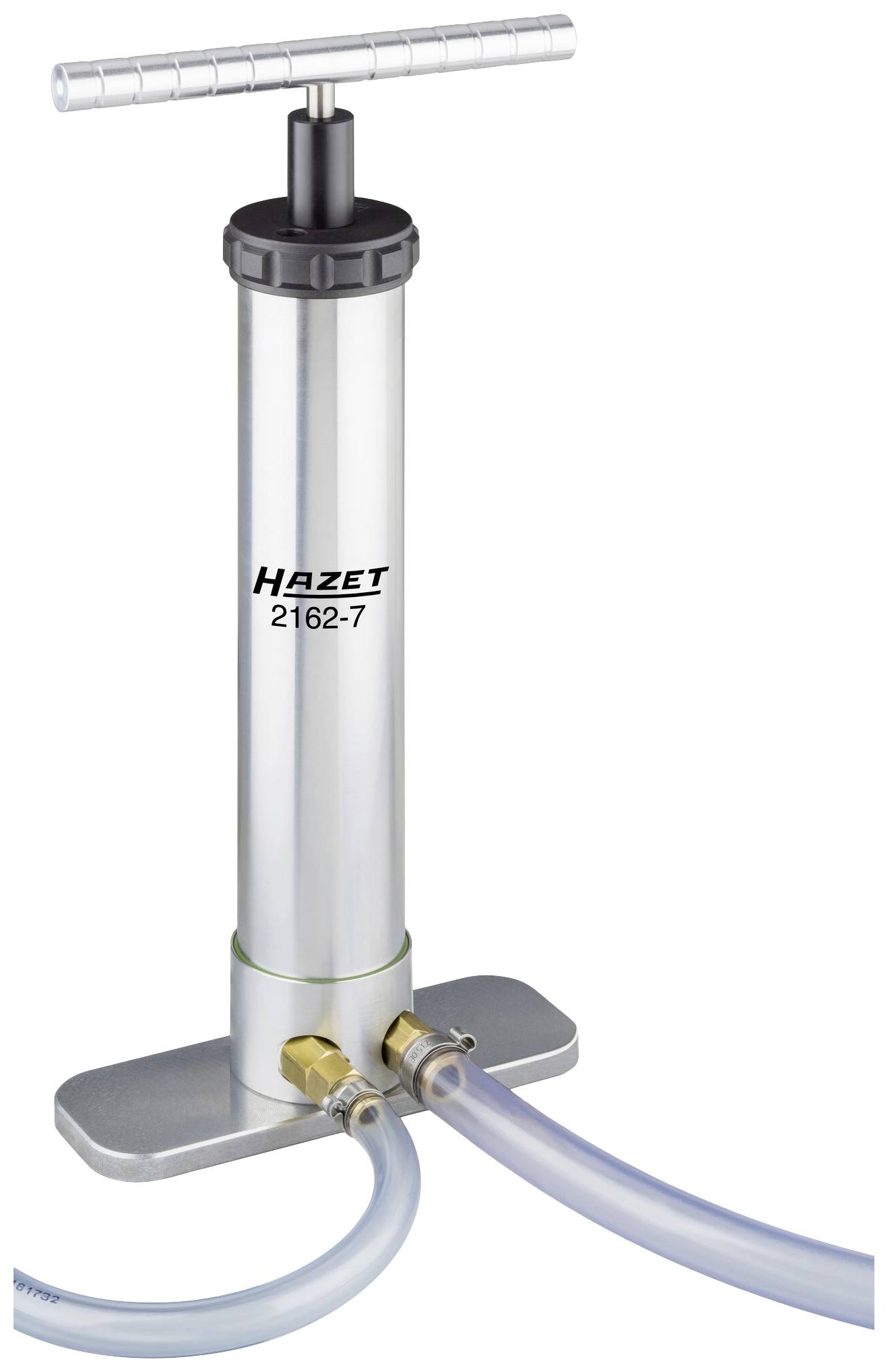 Handpumpe HAZET 2162-7 mit zwei Schläuchen, silberne zylindrische Form, oben T-förmiger Griff, für Flüssigkeitstransfer.