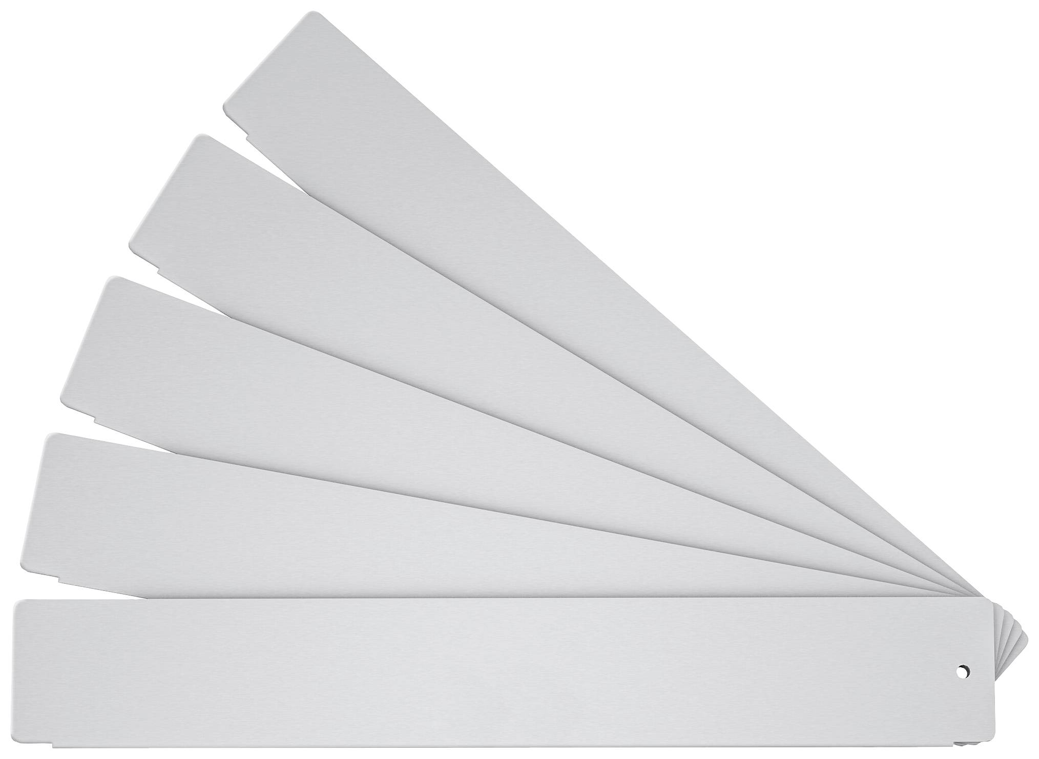 Ein Fächer aus sechs grauen Farbmustern, die auseinandergefächert sind, um verschiedene Grautöne für Farbauswahl oder Design zu zeigen.