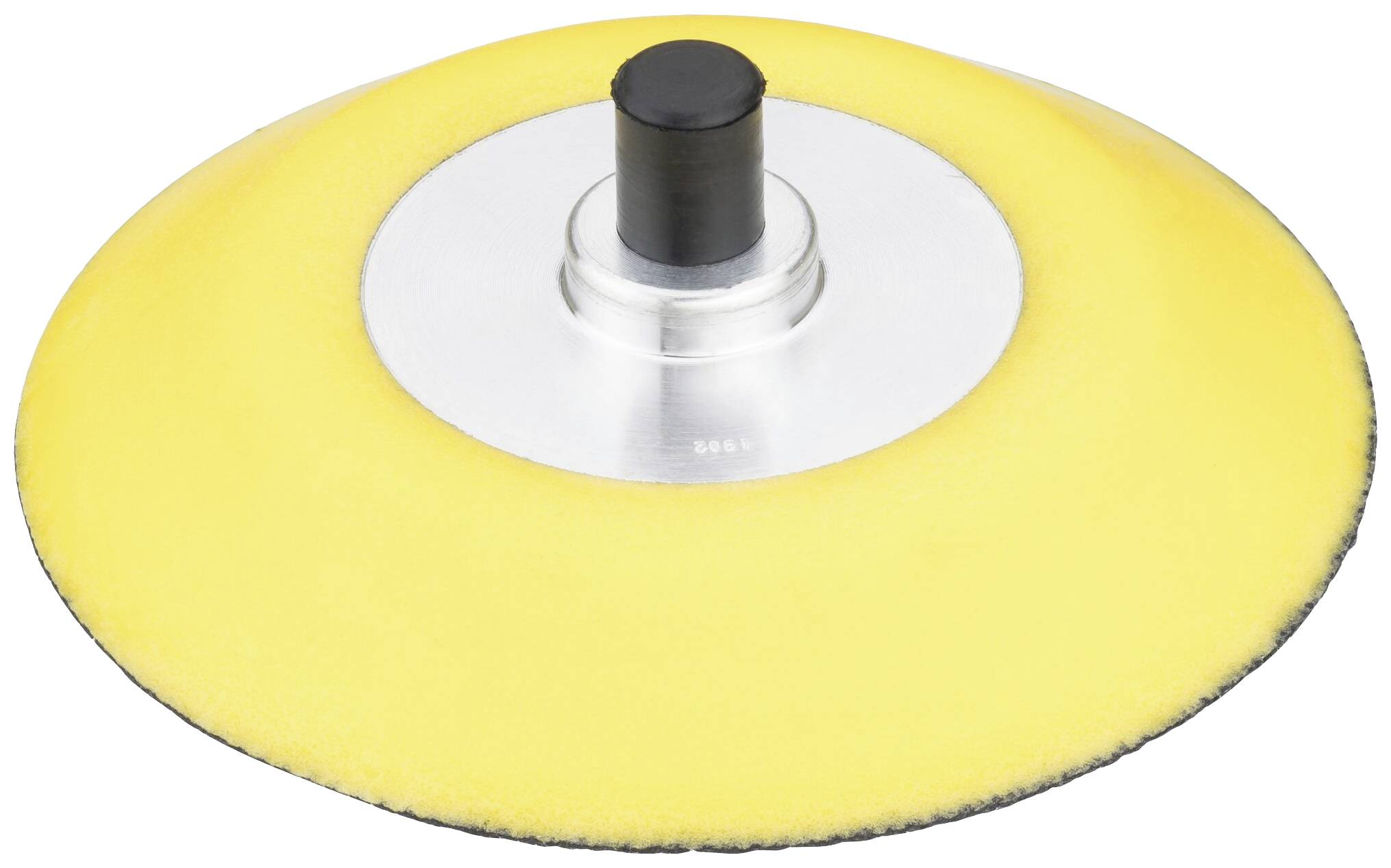 Eine gelbe Schleifscheibe mit schwarzem Stift in der Mitte. Sie ist rund und für Schleifmaschinen geeignet.