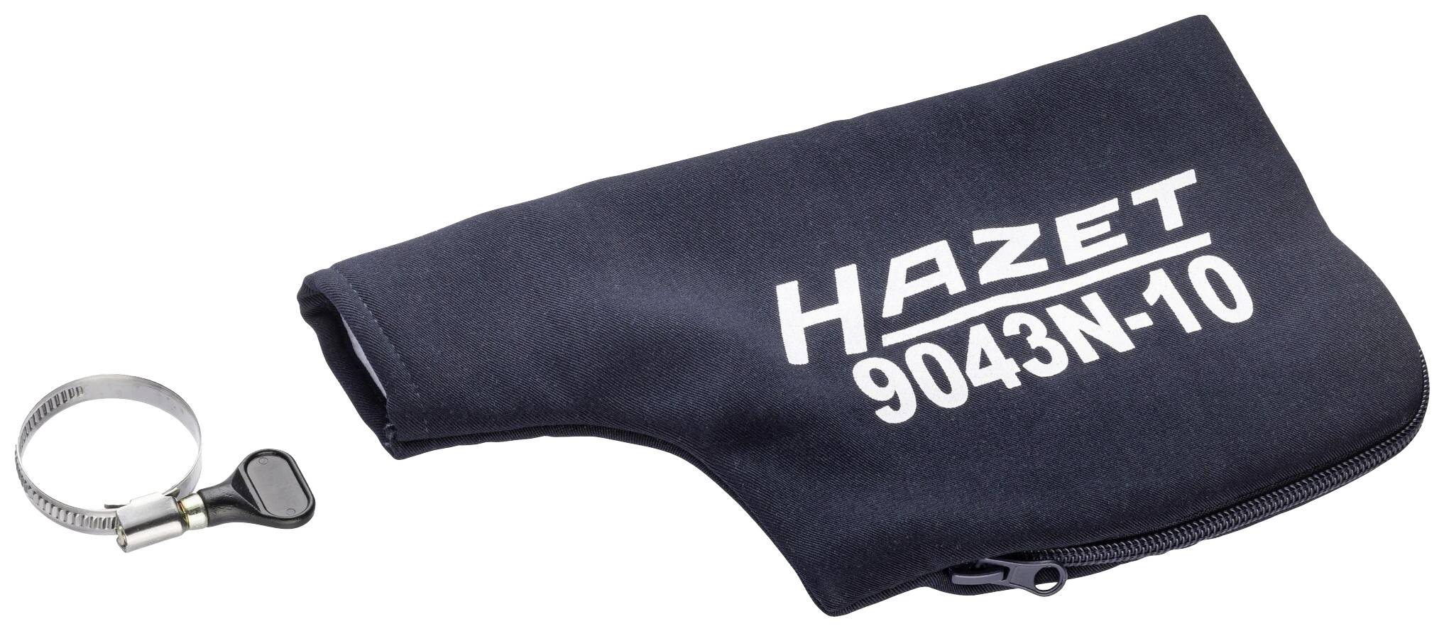 Stoffhülle mit Reißverschluss, markiert mit 'Hazet 9043N-10', neben einer Schlauchschelle mit Drehgriff. Zubehör für Pneumatikwerkzeuge.