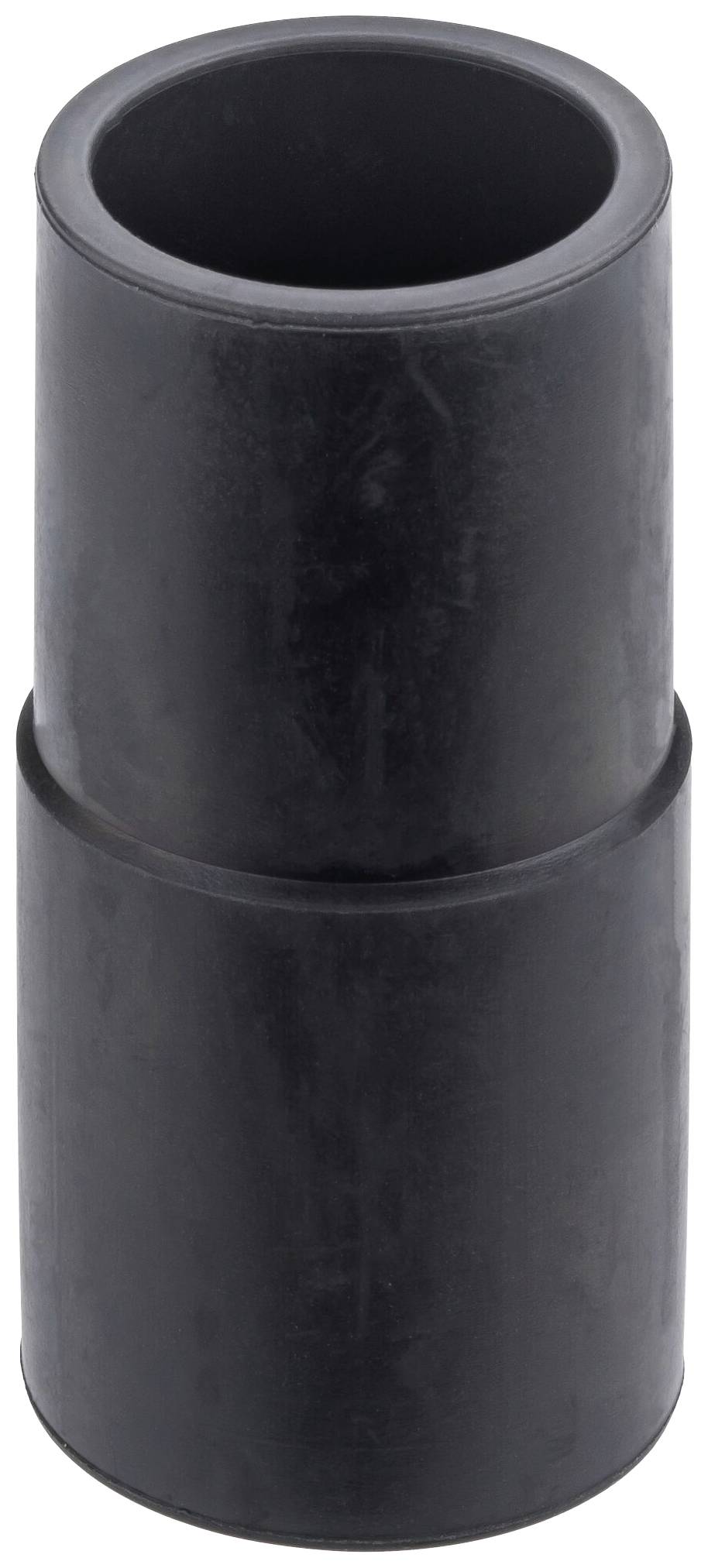 Ein schwarzer, zylindrischer Kunststoffadapter mit zwei ineinandergreifenden Abschnitten.