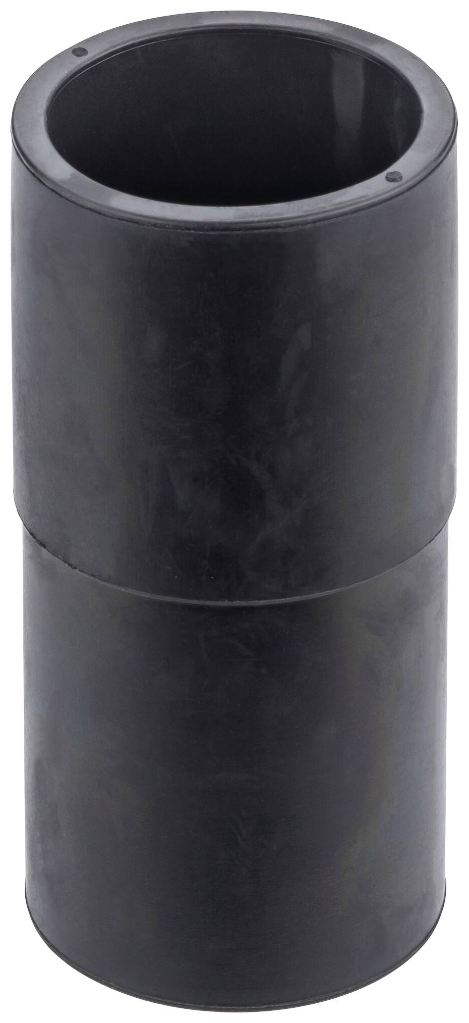 Ein schwarzer, zylindrischer Adapter aus Kunststoff, der als Verbindungselement in einem Rohrleitungssystem dient.