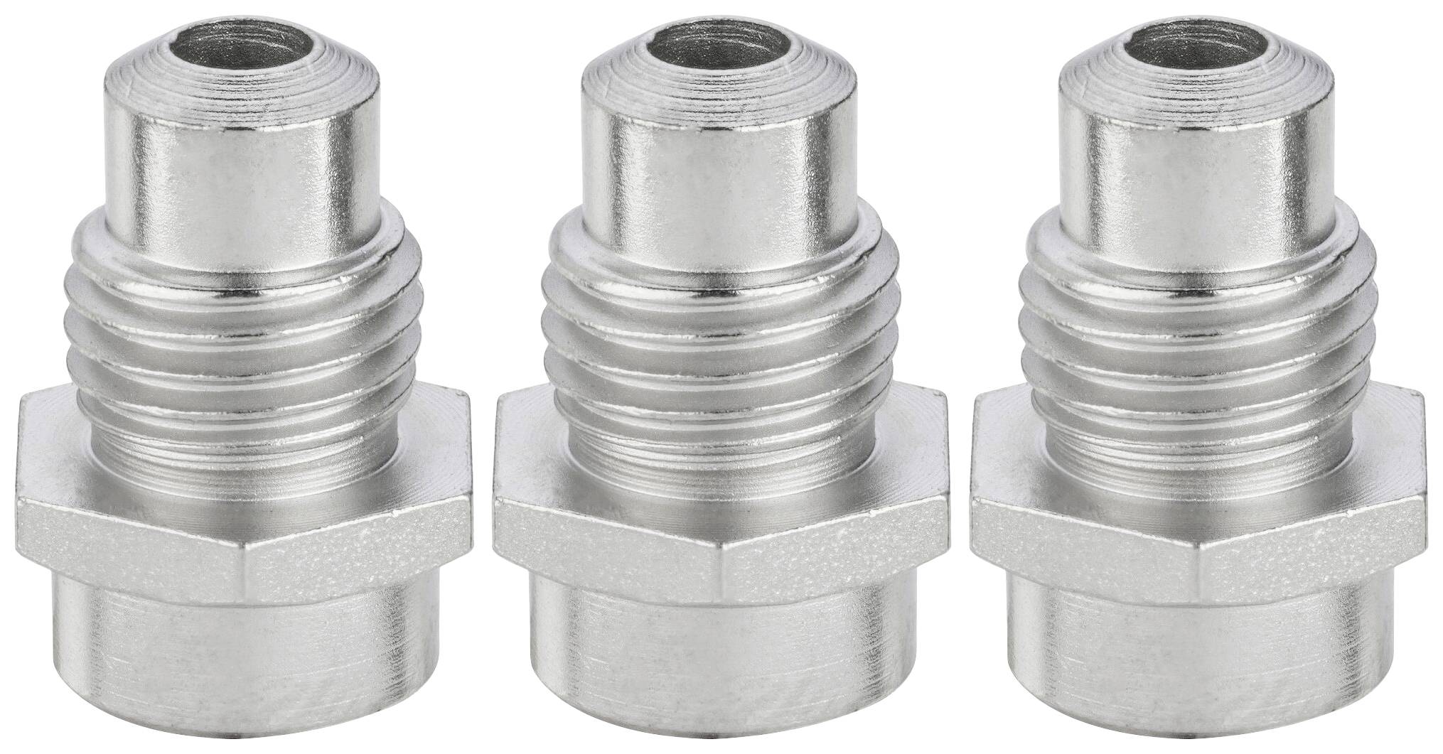 Drei silberne, sechseckige, metallische Adapter nebeneinander auf weißem Hintergrund.