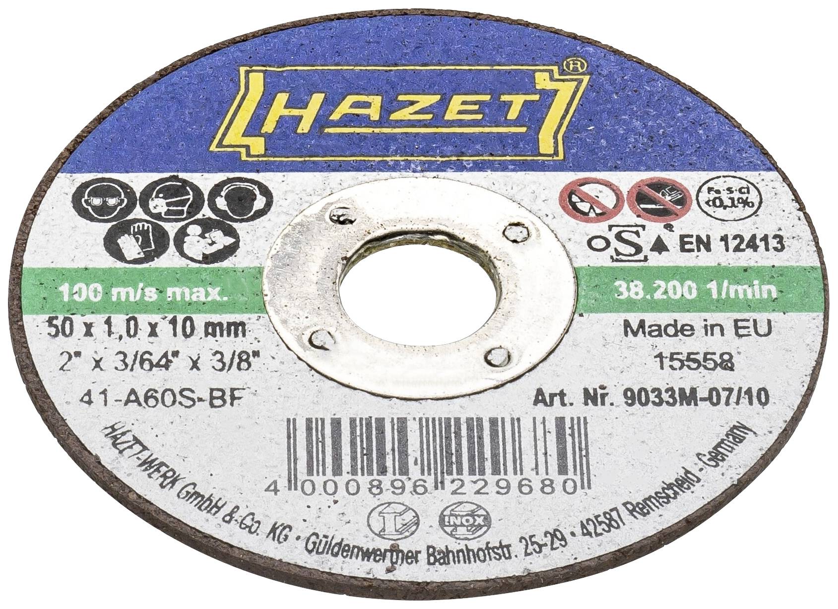 Schleifscheibe von Hazet, 50x1,0x10 mm, maximale Drehzahl 38.200 1/min, in der EU hergestellt, Artikelnummer 9033M-07/10.