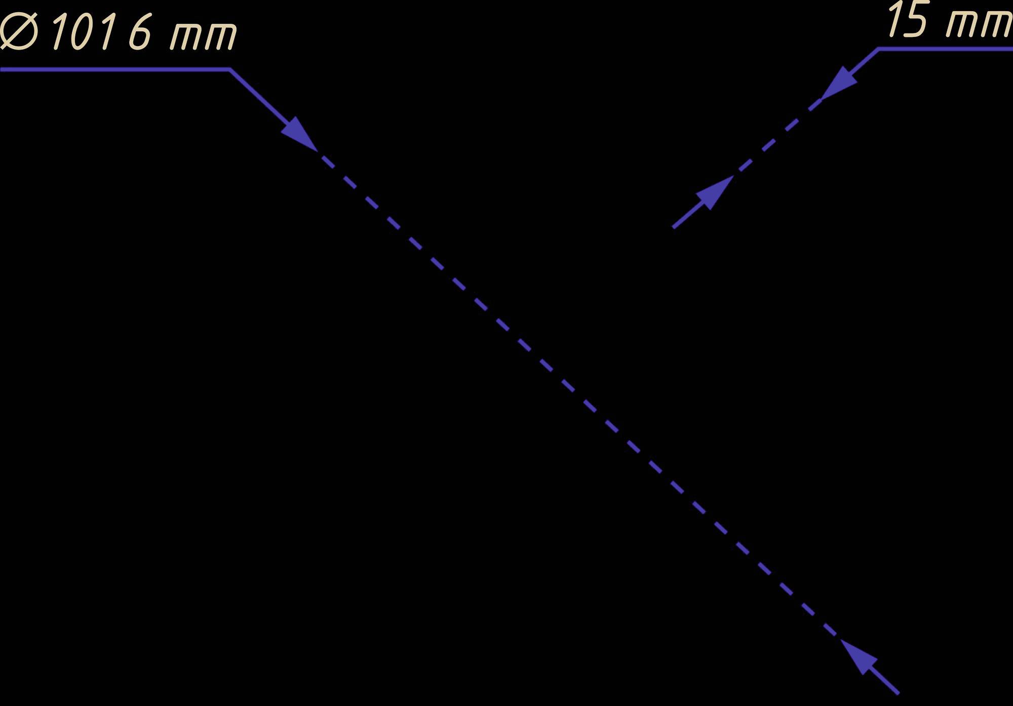 Pfeildiagramm zeigt zwei sich kreuzende Pfeile. Der linke Pfeil markiert 'Ø 1016 mm', der rechte '15 mm'. Diagramm betont Größenunterschiede.