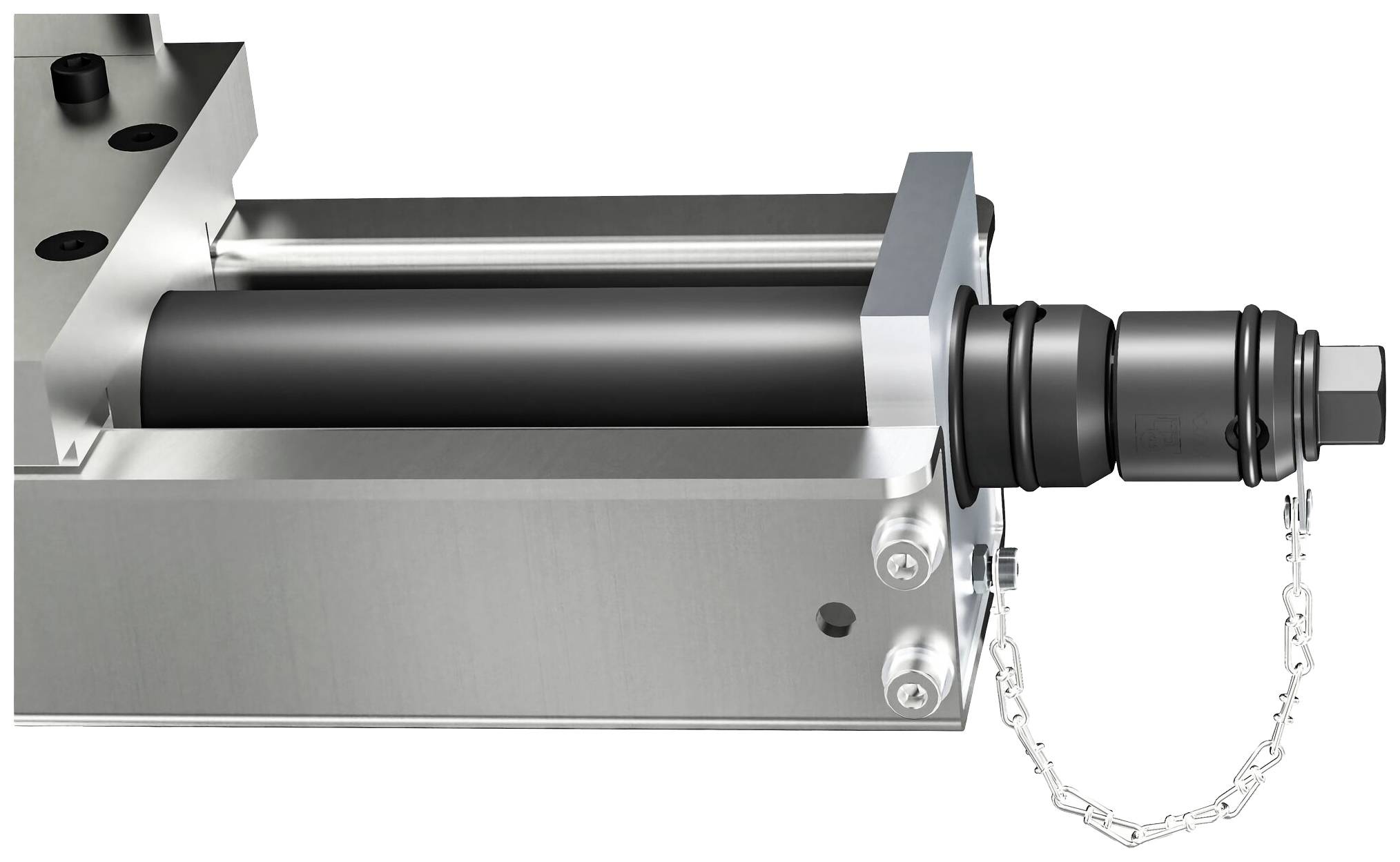 Hydraulikzylinder mit Befestigungselementen und Sicherheitskette, metallisch und robust, geeignet für industrielle Anwendungen.