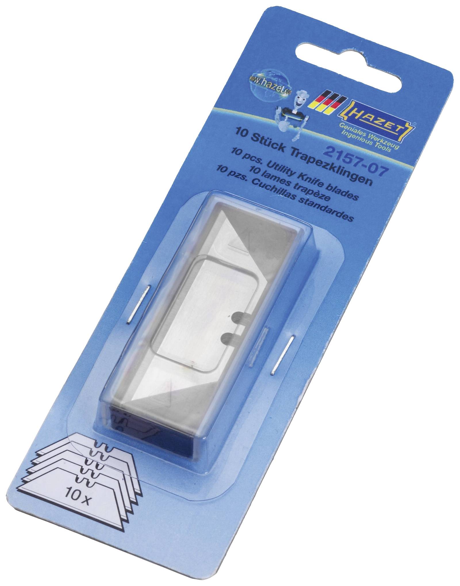 Verpackung mit 10 trapezförmigen Klingen von Hazet, abgebildet in einer blauen Blisterverpackung mit Produktinformationen und Logo.