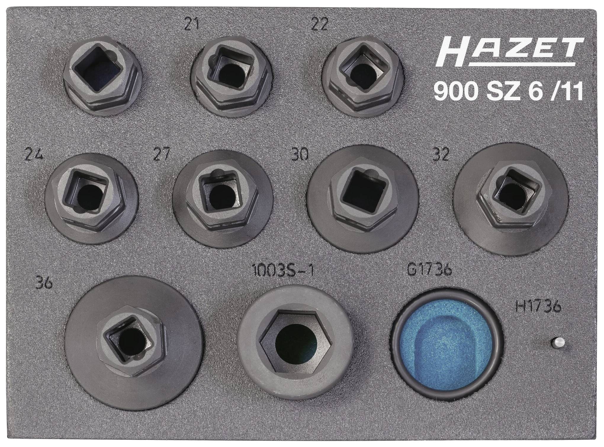 Satz mit verschiedenen HAZET-Steckschlüsseleinsätzen, Modellnummern: 22, 24, 27, 30, 32. Enthält auch Einsatznummern 21 und 1003S-1.