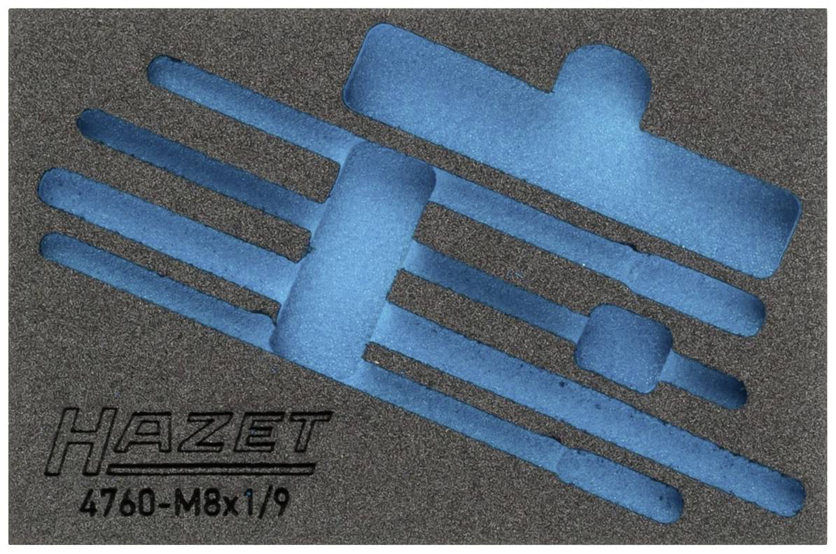 Werkzeughalter aus Schaumstoff mit blauen Aussparungen, passend für HAZET-Werkzeuge. Text 'HAZET 4760-M8x1/9'.