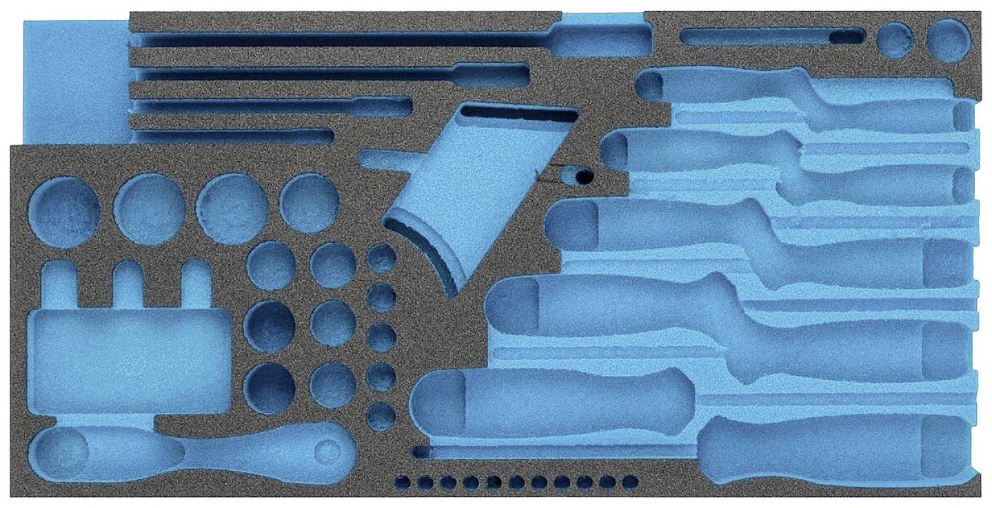Schaumeinsatz zur Aufbewahrung von Werkzeugen in verschiedenen Größen und Formen, blau-schwarz, passend für Werkstatt- oder Werkzeugkoffer.