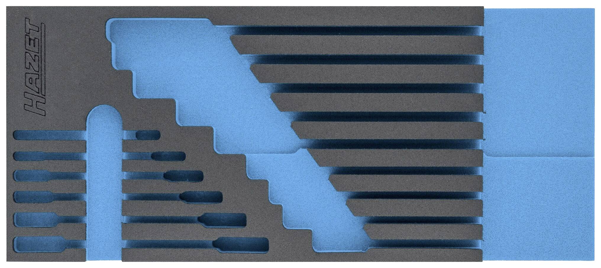 Schaumstoffeinlage mit Fächern zur Werkzeugaufbewahrung, blau-schwarz, verschiedene Größen.