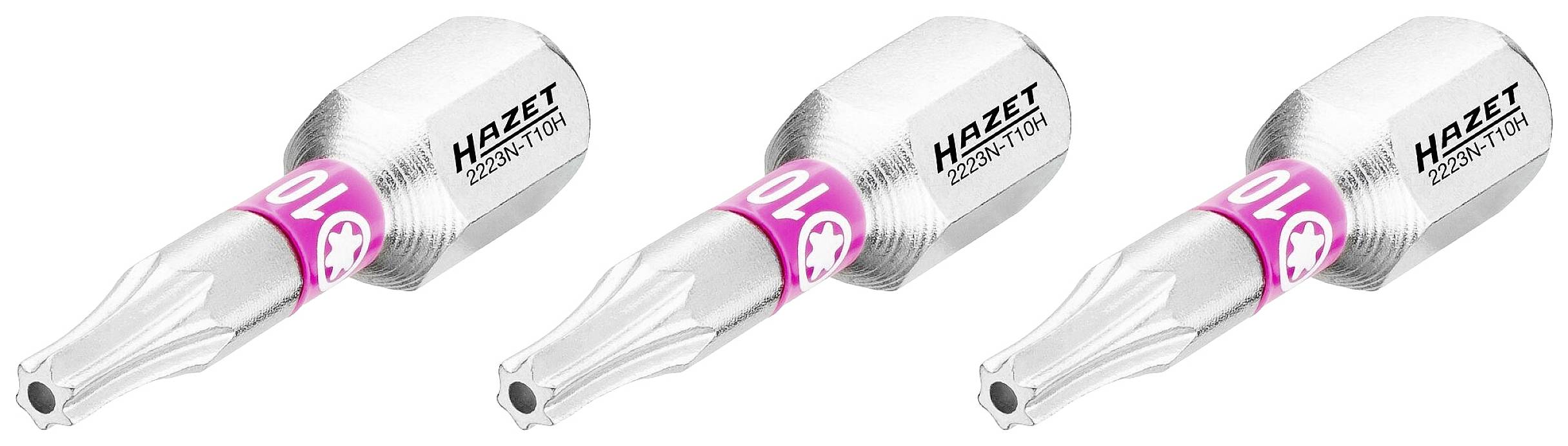 Drei Hazet-Werkzeugaufsätze mit Torx-Profil und einer Beschriftung T 10x25, silberfarben mit rosa Ring, nebeneinander angeordnet.