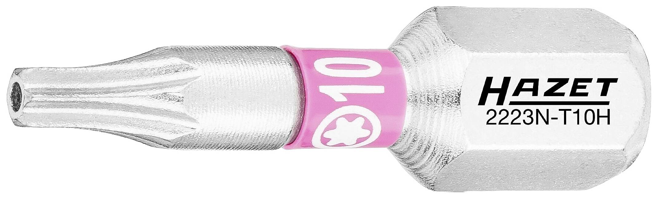 Torx-Bit von Hazet, Modell 2223N-T10H, mit einem sechseckigen Schaft und einer pinken Markierung mit der Nummer '10'.