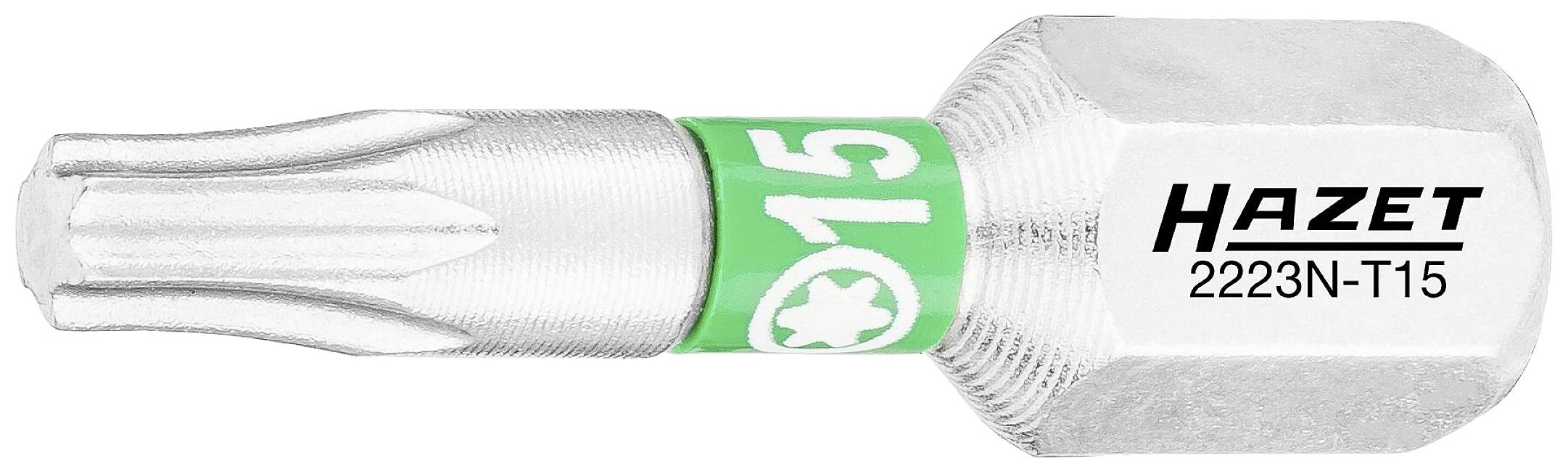 Ein silberner Torx-Bit der Marke Hazet, Modell 2223N-T15, mit grünem und weißem Aufkleber, auf dem '15' steht.