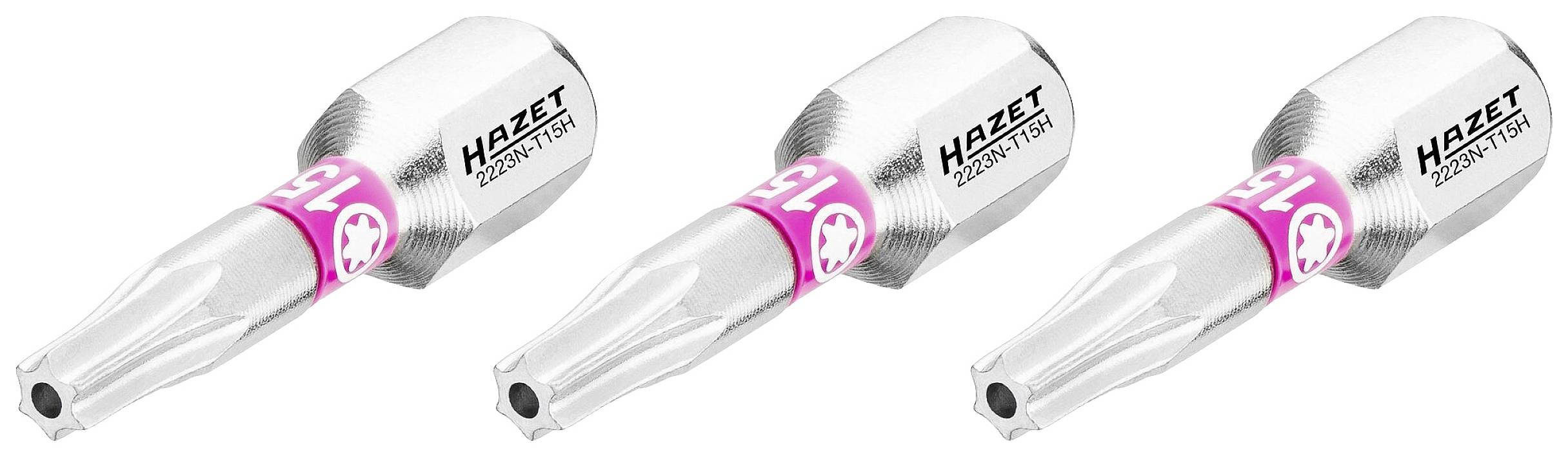 Drei metallische Werkzeugadapter mit rotem Ring und Aufschrift 'HAZET 2302-3 T75'.