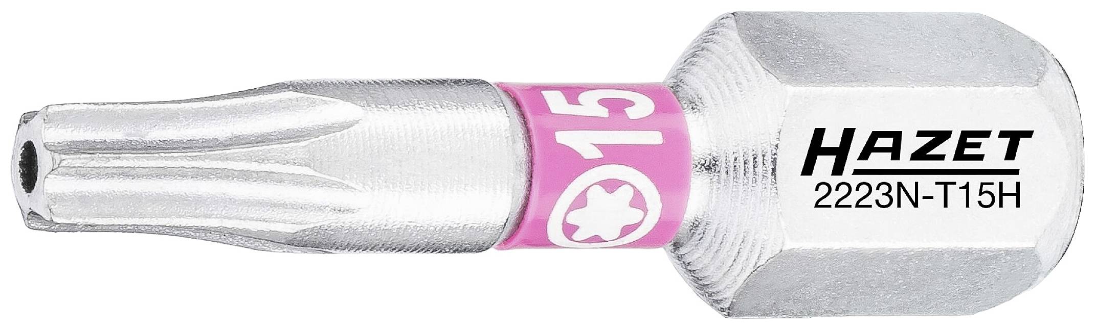 Ein silberner Torx-Bit mit der Aufschrift 'HAZET 2223N-T15H', rosa Ring und Größe 'T15'.