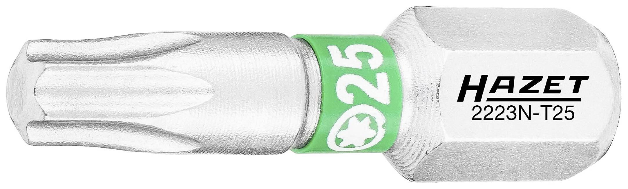 Torx-Bit T25 von Hazet, silberfarbig mit grünem Ring, Modellnummer 2223N-T25, benutzt für Schrauben mit Torx-Antrieb.
