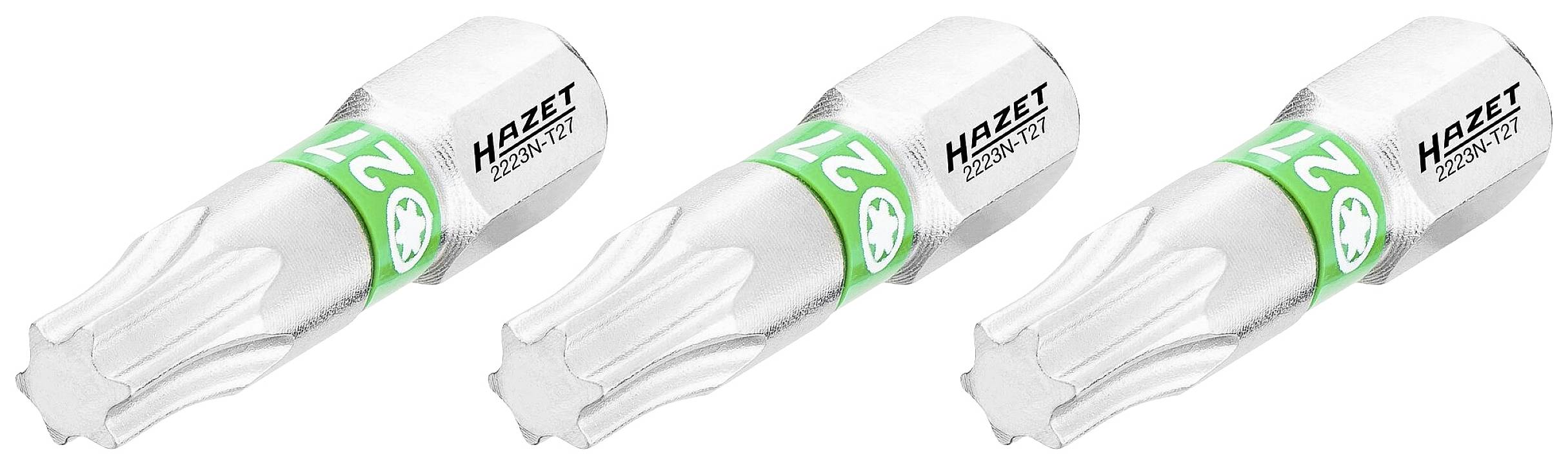 Drei silberne Sechskant-Bitaufsätze mit grüner Kennzeichnung und der Aufschrift 'HAZET 2759TX-E22', angeordnet in einer diagonalen Linie.