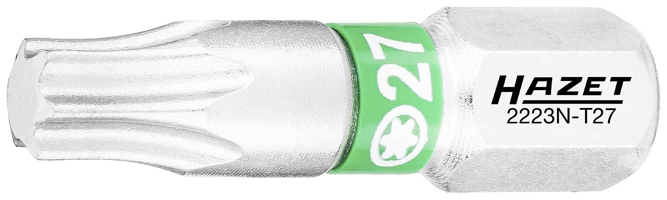Ein silberner T27 Torx-Bit von Hazet, Modellnummer 2223N-T27, mit grünem Ring für Einsatz in Schraubwerkzeugen.