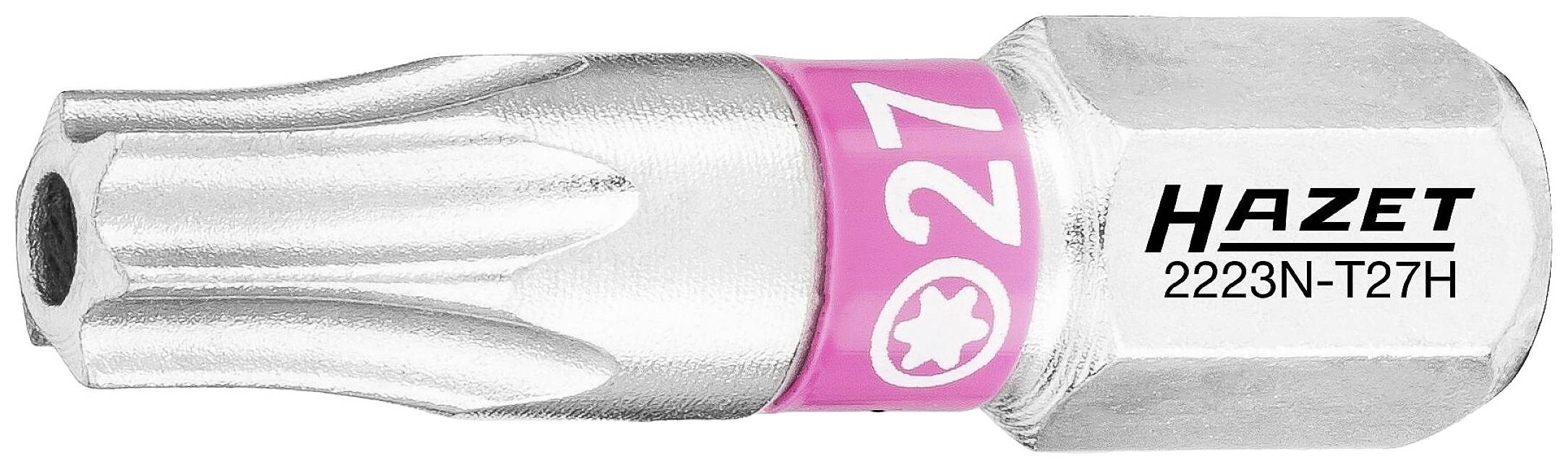 Bitsatz von Hazet, Modell '2223N-T27H', mit Torx-Profil, Größe T27, silbern mit rosa Ring. Geeignet für Schraubarbeiten.