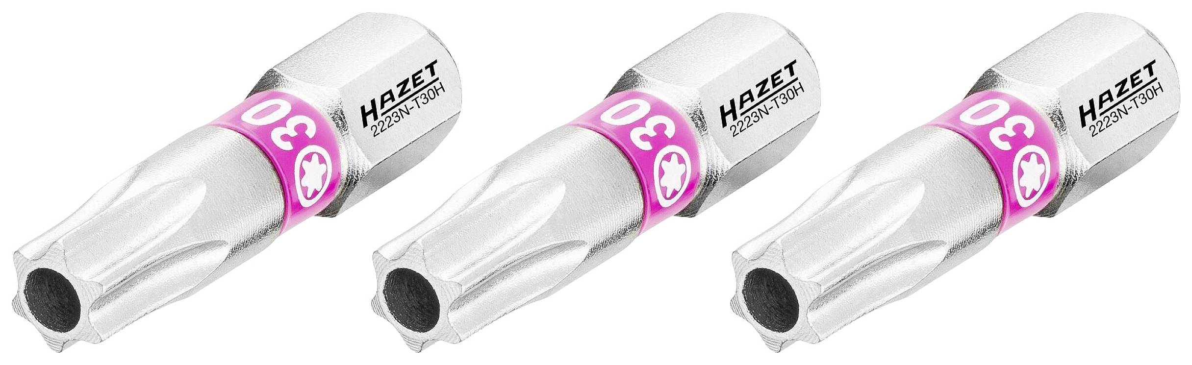 Drei silberne Schraubendrehereinsätze mit pinken Streifen und der Zahl '30', auf denen 'Hazet 2226-T30 30' steht, nebeneinander angeordnet.