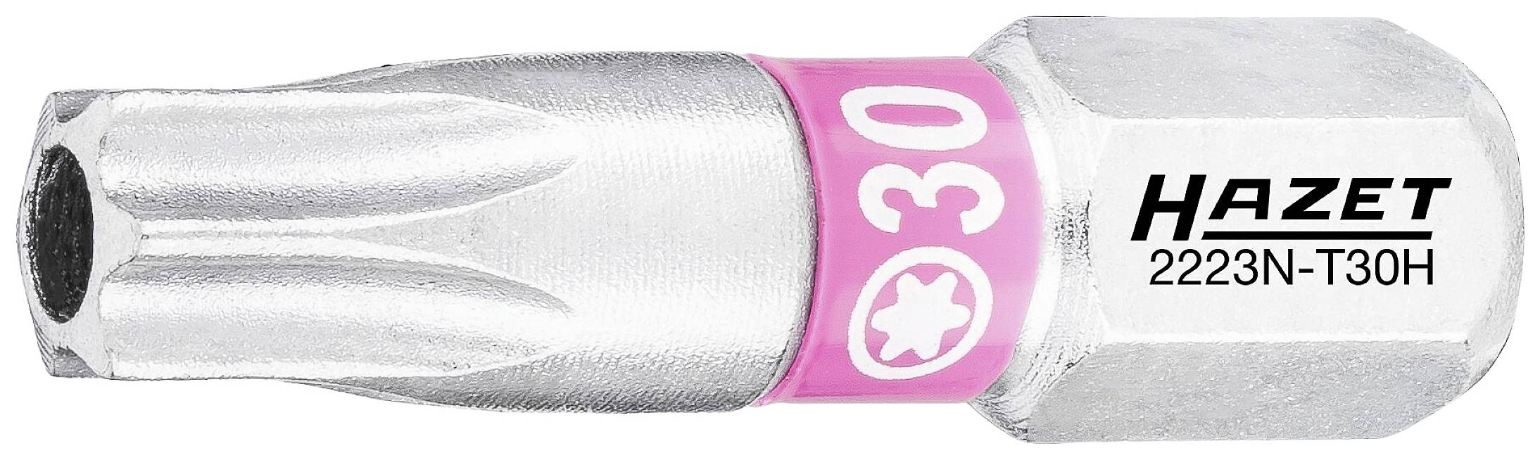 Steckschlüssel-Einsatz von Hazet mit der Aufschrift '2223N-T30H', pink markiert für Größe 30. Geeignet für Torx-Schrauben.