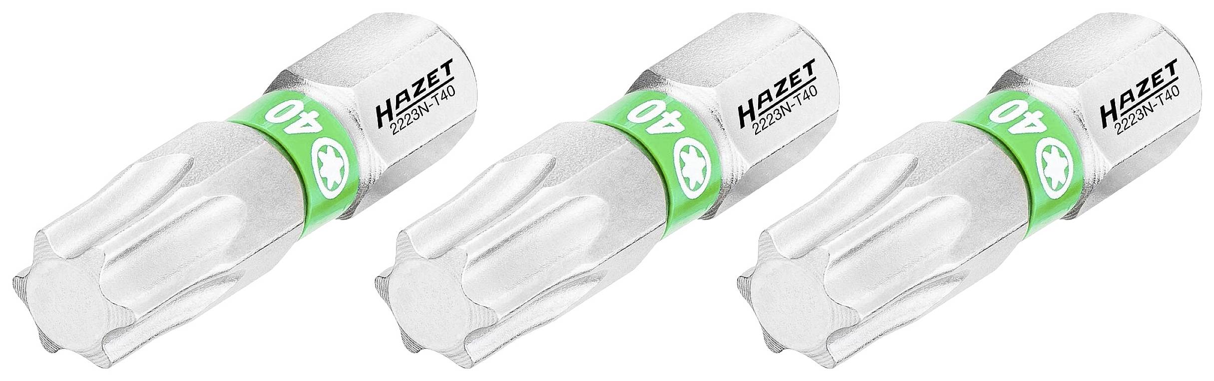 Drei silberne Torx-Bits Größe T40 von Hazet, nebeneinander liegend.