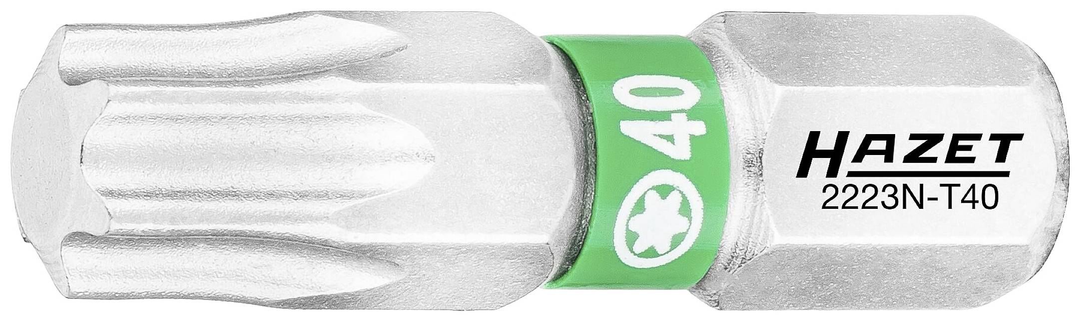 Torx-Bit von Hazet, Modell 2223N-T40, mit silbernem Finish und grünem Ring, der Größe '40' kennzeichnet.