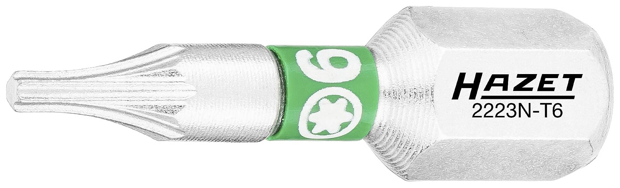 Aufsatz von Hazet, Modell 2223N-T6, Torx-Form, Größe T6, mit grünem Ring. Werkzeug für präzises Schrauben.