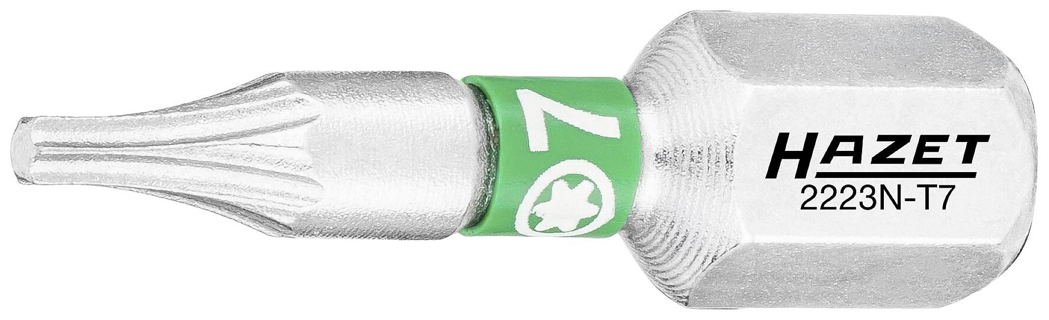 Ein silberner Torx-Schraubendreher-Bit mit grünem Ring und der Aufschrift 'HAZET 2223N-T7' auf der Seite.