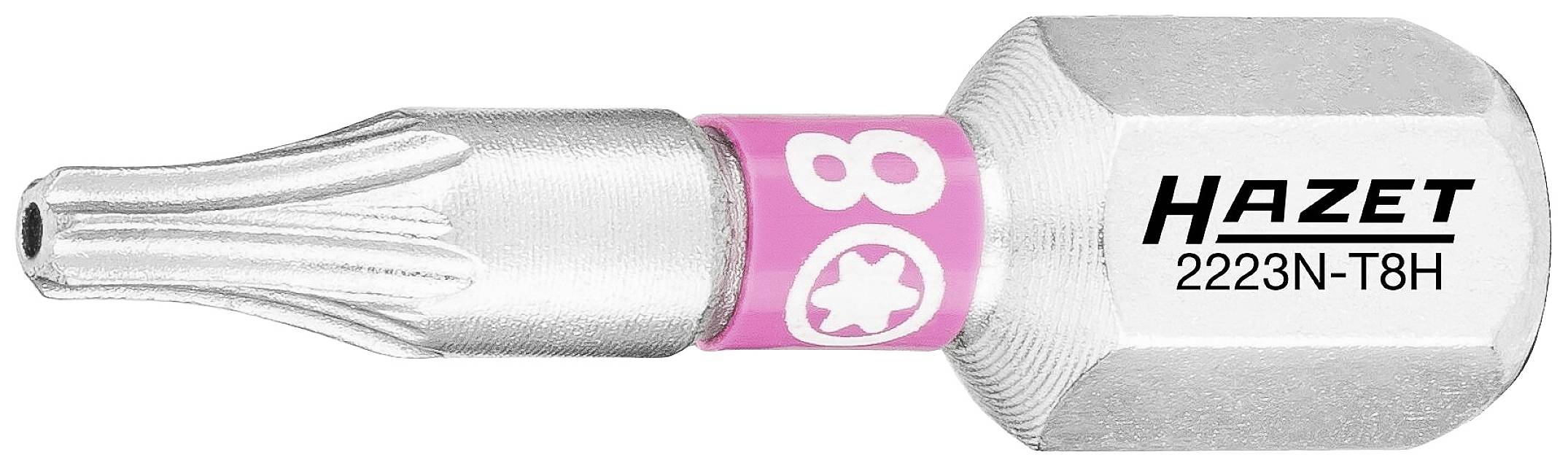 Nahaufnahme eines silbernen Torx-Bits mit der Aufschrift HAZET 2223N-T8H und einer rosa Banderole mit der Nummer 8. Bit ist für Schrauben.