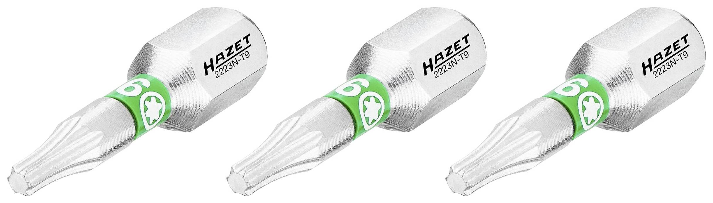 Drei silberne Schraubendrehereinsätze mit grünem Ring und 'HAZET 2260N/9' Aufschrift, die für präzises Arbeiten verwendet werden.