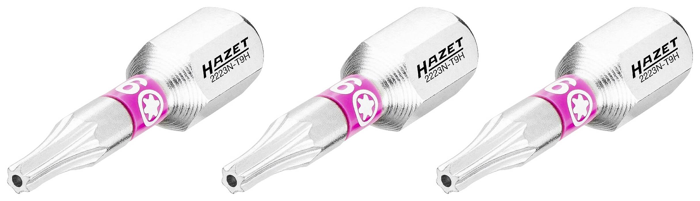 Drei silberfarbene Torx-Bits der Marke Hazet, Größe 6, mit pinken Ringen.