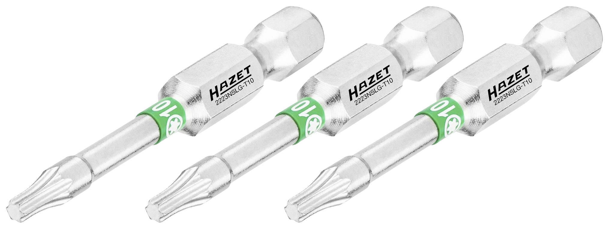 Drei Hazet Torx-Bits Nr. 3078-T10 aus Stahl mit grünem Ring. Sie sind zur Schraubbefestigung in Werkzeugen geeignet.